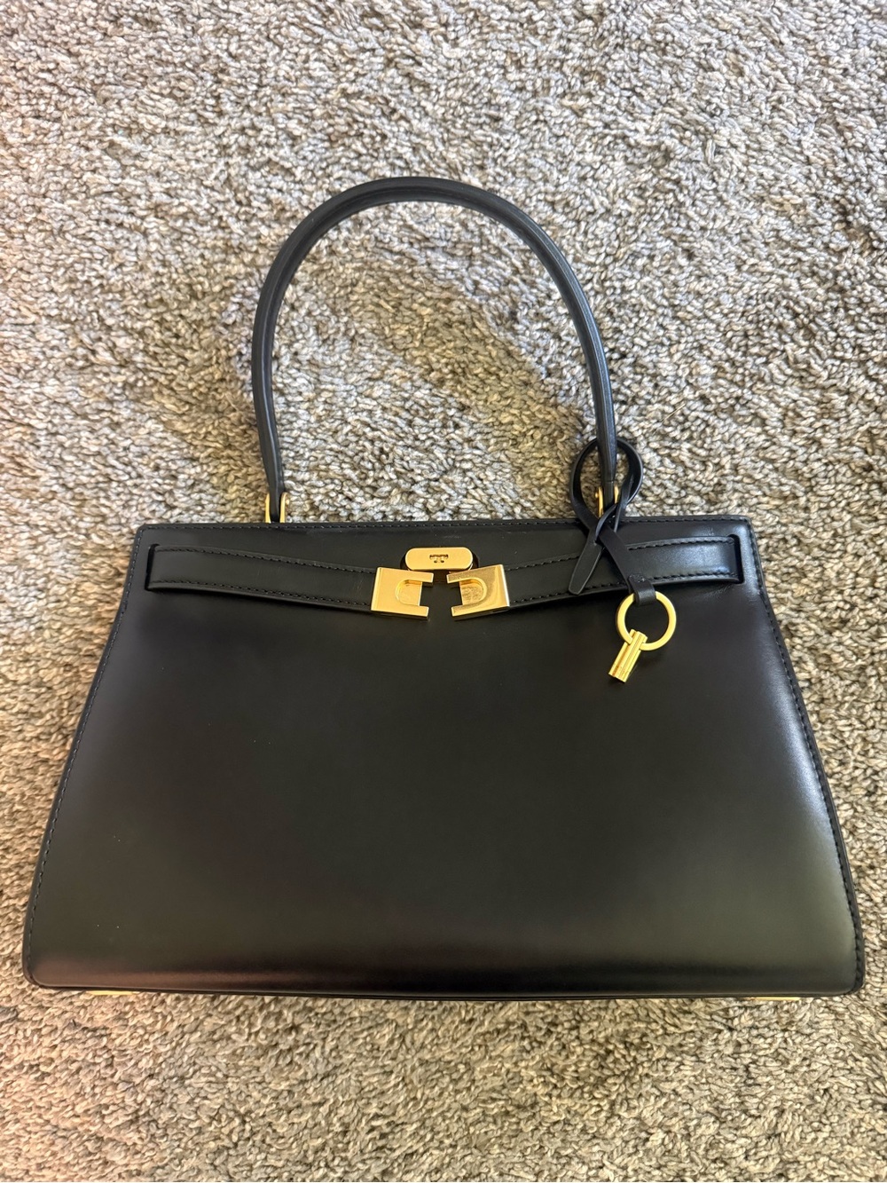 Tory Burch Lee Radziwill Black Leather Top-Handle Bag with Gold Hardware